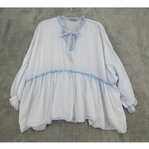 Angela Mara Blouse Womens Size M Pheasant Boxy Relaxed Lagenlook Tie Neck Blue